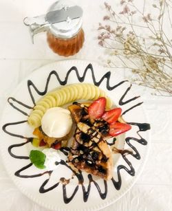 High angle view of dessert in plate on table