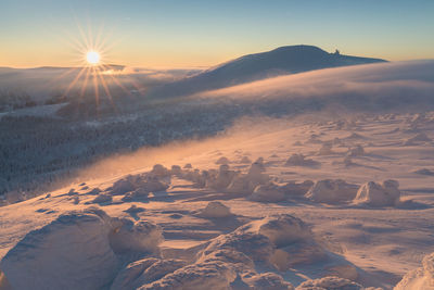 Aerial view of snow covered landscape against sky during sunset