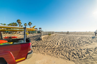 Scenic view of beach against clear blue sky