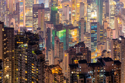 Aerial view of illuminated buildings in city at night