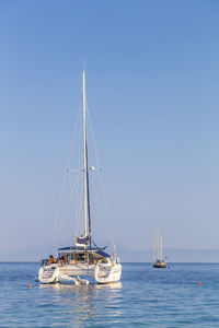 Sailboats sailing in sea against clear sky