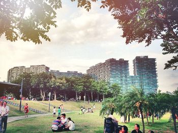 People relaxing in park