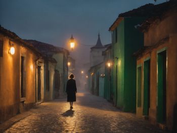 Rear view of woman walking on street at night