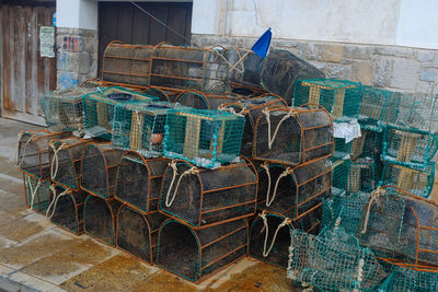 High angle view of fishing net on wall