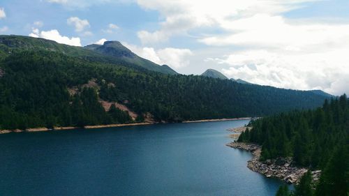 Scenic view of lake against cloudy sky