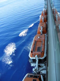High angle view of ship sailing on sea