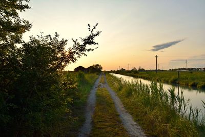 Dirt road amidst field against sky during sunset