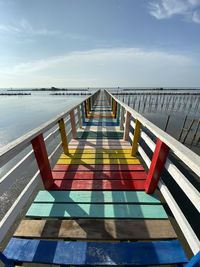 Empty walkway by sea against sky