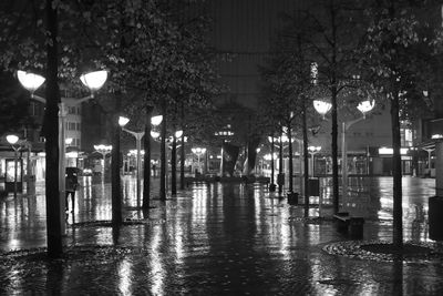 Illuminated street lights by buildings in city at night