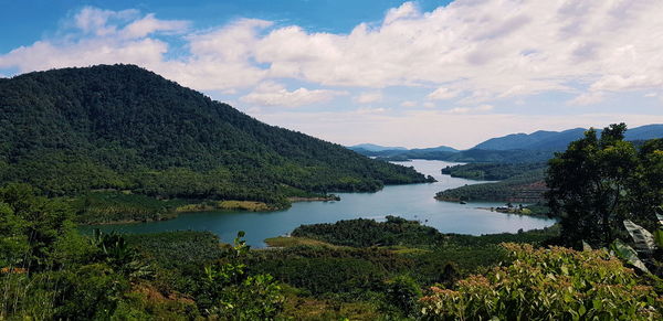 Scenic view of lake and mountains against sky