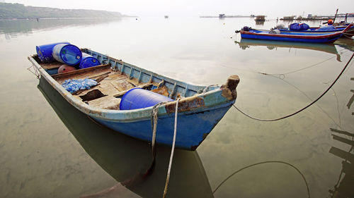 High angle view of fishing boat moored in sea