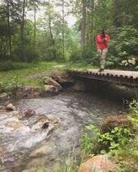 Man standing on footbridge over river in forest