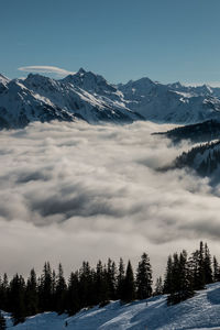 Scenic view of snowcapped mountains against blue sky