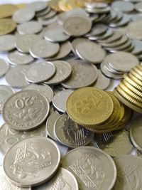 High angle view of coins