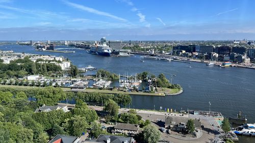 A high angle view of amsterdam by the ij river taken from the adam tower in amsterdam noord