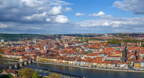 High angle view of river amidst buildings in city against sky