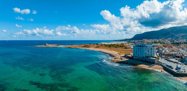 Aerial panoramic view of trapani harbor, sicily, italy.