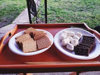 High angle view of breakfast served on table