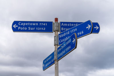 Low angle view of road signs against sky