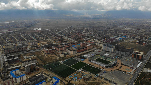 High angle view of townscape against sky