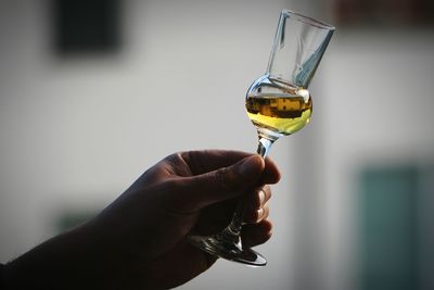 Close-up of hand holding grappa glass with houses reflecting on it