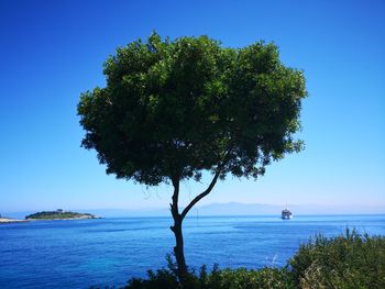 Scenic view of sea against clear blue sky