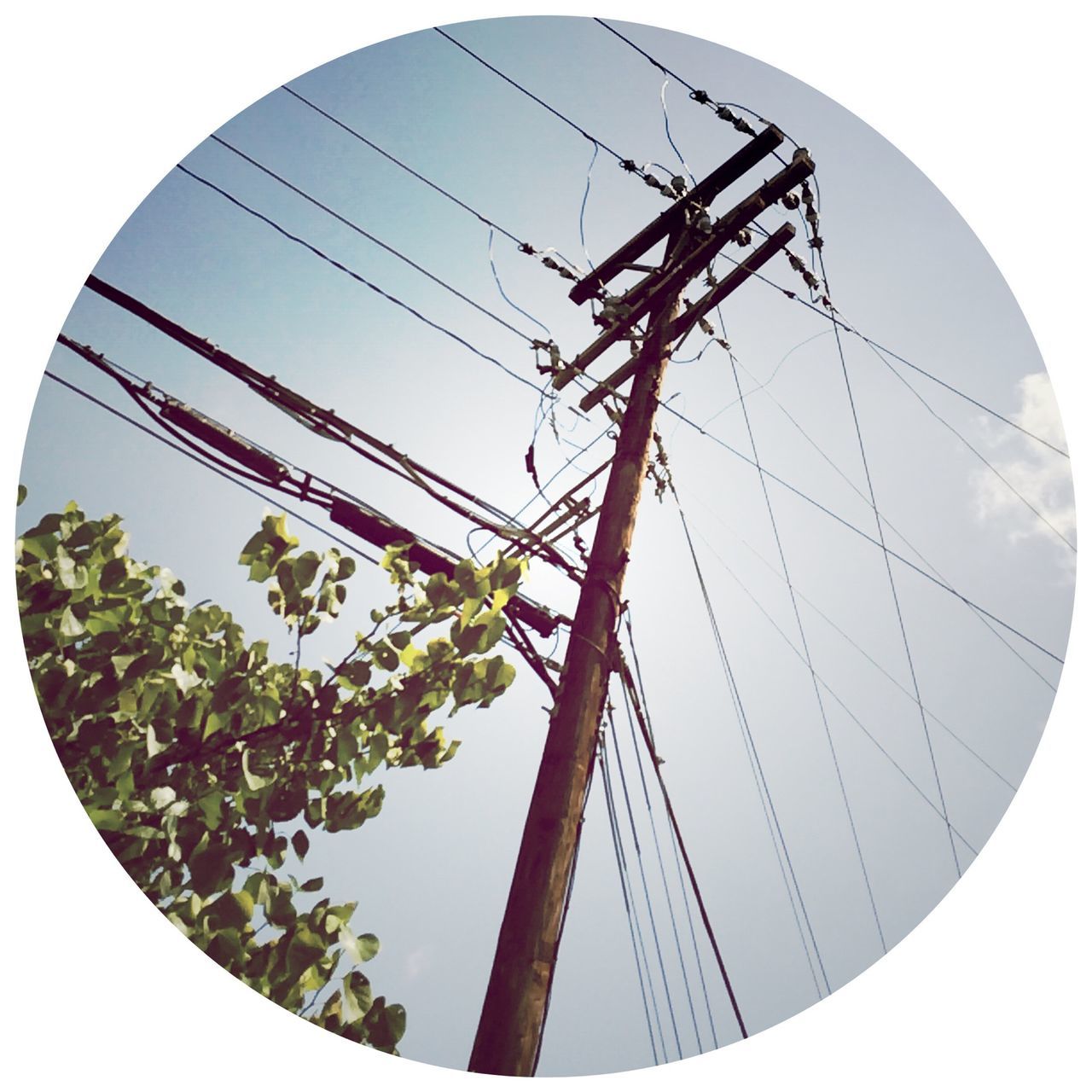 low angle view, sky, ferris wheel, connection, built structure, tree, architecture, amusement park ride, day, clear sky, amusement park, outdoors, arts culture and entertainment, no people, part of, metal, circle, auto post production filter, engineering, cloud - sky