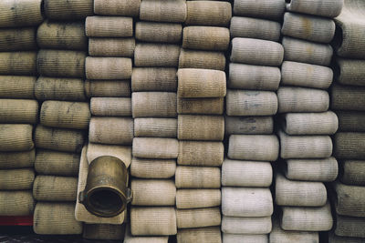 Full frame shot of stacked fire hoses