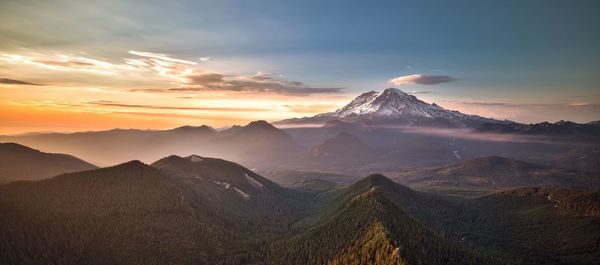 Idyllic shot of mt rainier against sky during sunset