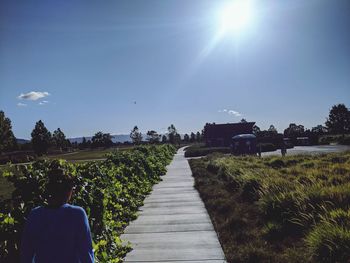 Rear view of men on footpath amidst field against sky