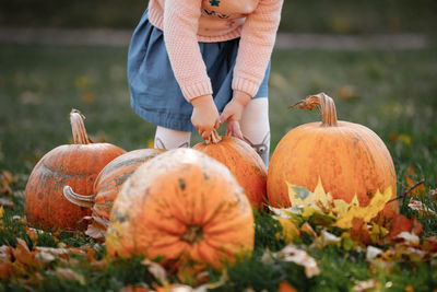 Midsection of man holding pumpkin