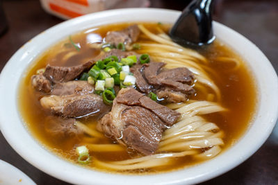 Close-up of soup in bowl on table