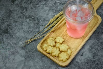 High angle view of drink in glass jar on table
