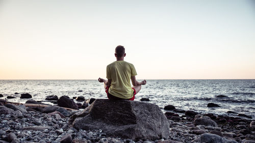 Rear view of man sitting on rock by sea against sky