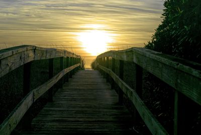 Empty footpath amidst plants against sky during sunset