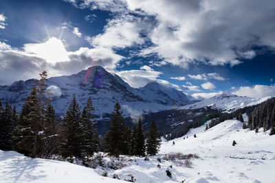 Scenic view of snow covered mountains against sky