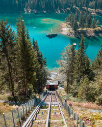 High angle view of railroad tracks by trees