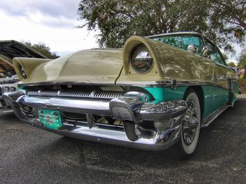 Vintage car on tree against sky