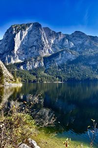 Scenic view of lake and snowcapped mountains against sky