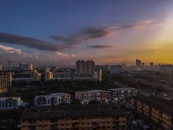 High angle view of cityscape against sky during sunset