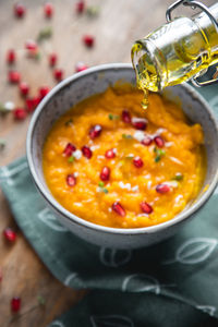 High angle view of soup in bowl on table