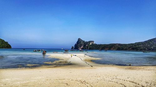 Scenic view of beach against clear blue sky