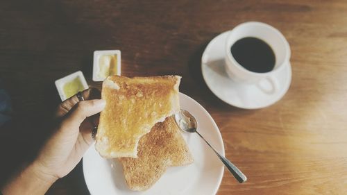 High angle view of breakfast served on table