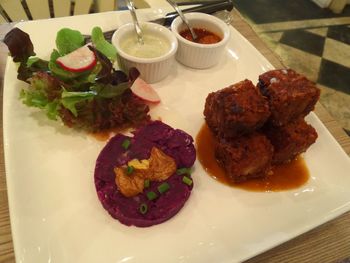 High angle view of food in plate on table