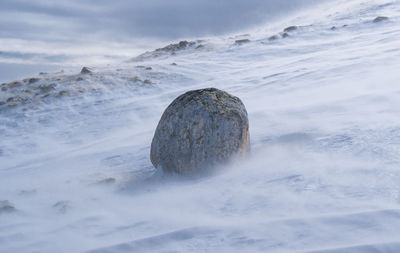Rock on snowcapped landscape