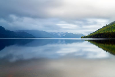 Scenic view of lake and mountains against sky