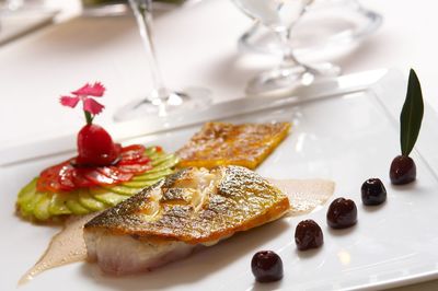 Close-up of dessert served on table