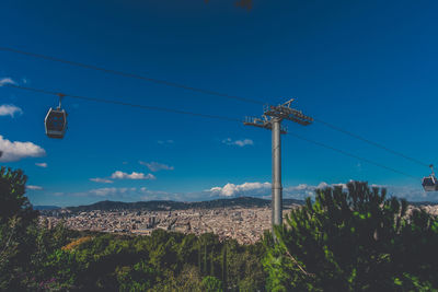 Low angle view of overhead cable car against sky