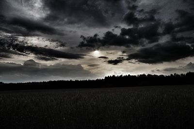 Scenic view of agricultural field against sky during sunset