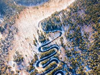 Aerial view of road amidst forest during winter